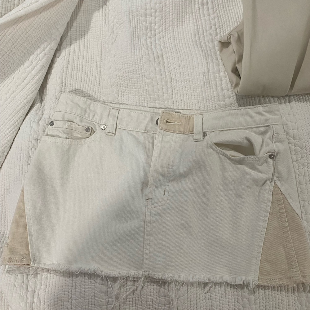 White and tan patch work denim skirt